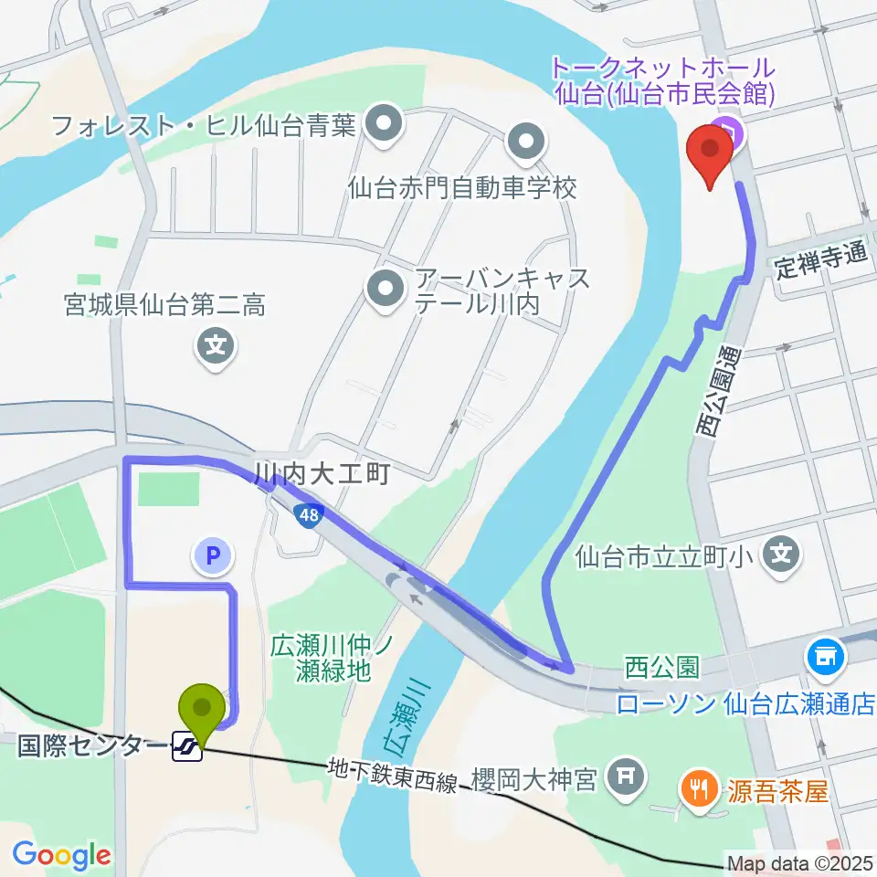 国際センター駅からトークネットホール仙台へのルートマップ地図