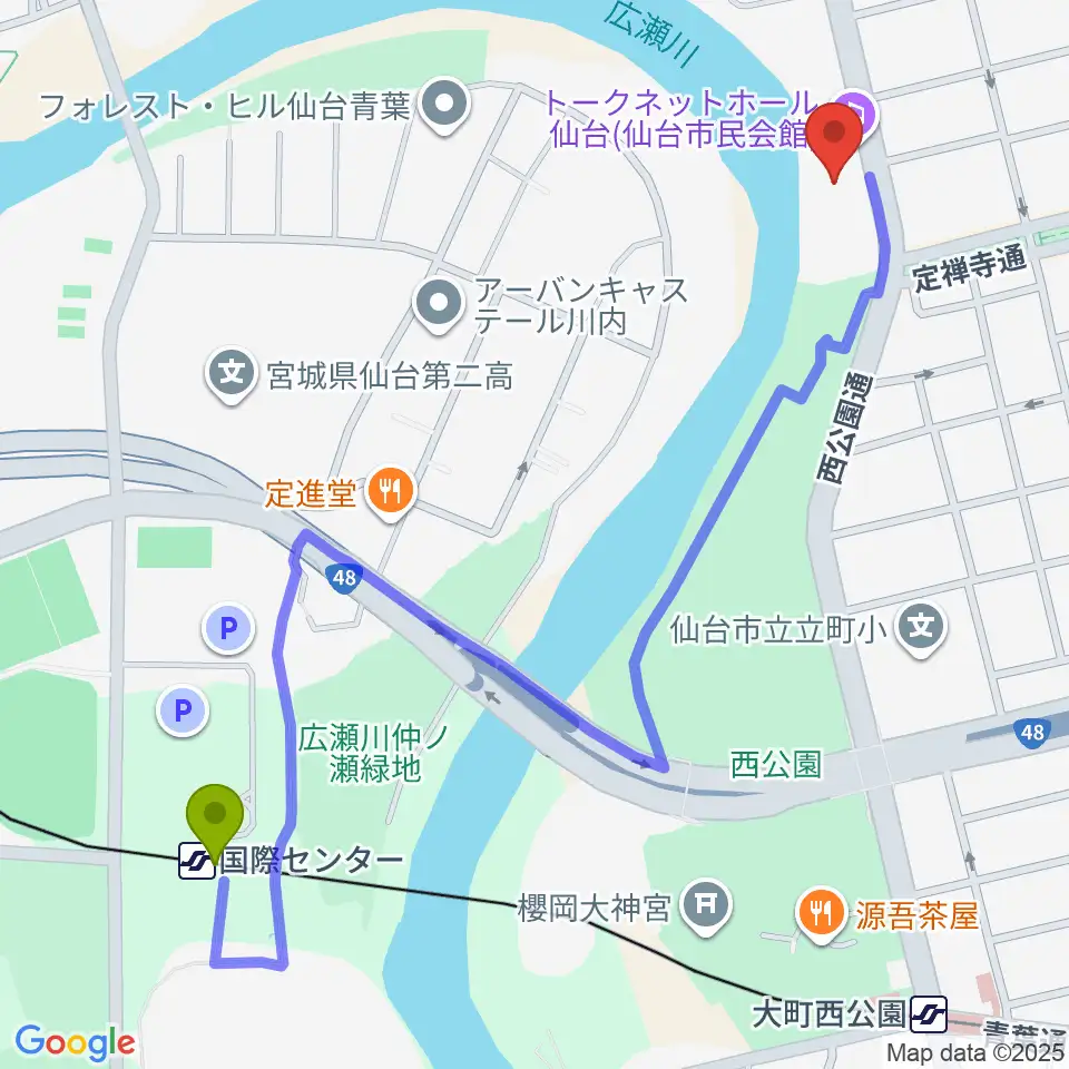 国際センター駅からトークネットホール仙台へのルートマップ地図