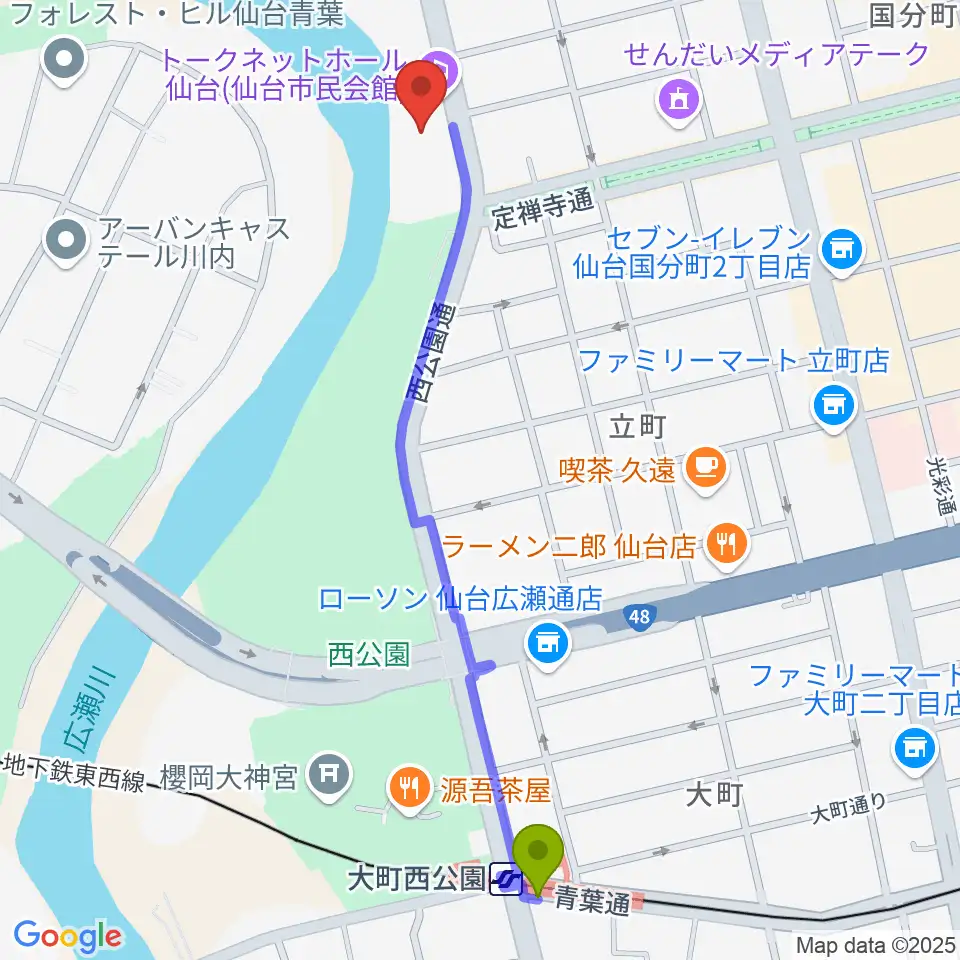 トークネットホール仙台の最寄駅大町西公園駅からの徒歩ルート（約12分）地図