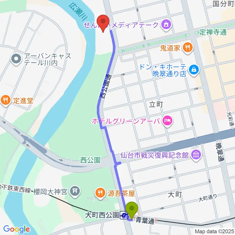 トークネットホール仙台の最寄駅大町西公園駅からの徒歩ルート（約12分）地図