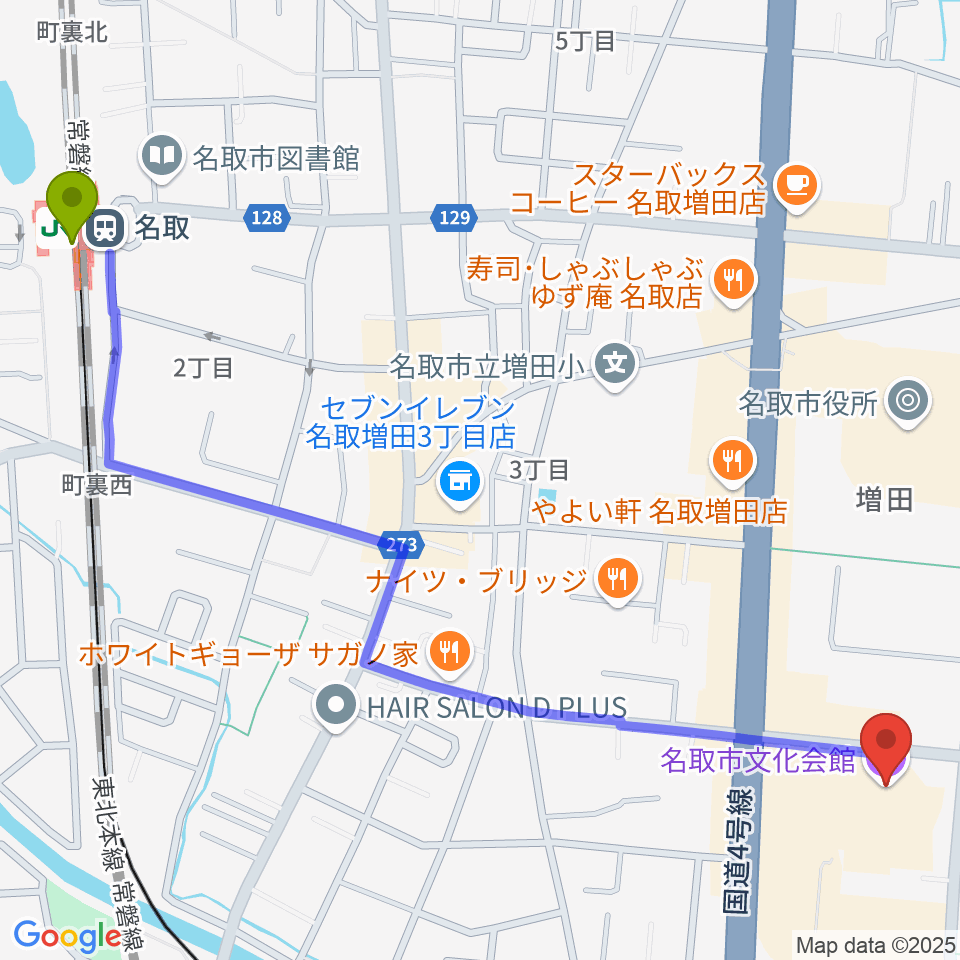 名取駅から名取市文化会館へのルートマップ地図