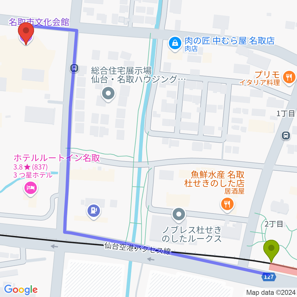 名取市文化会館の最寄駅杜せきのした駅からの徒歩ルート（約8分）地図