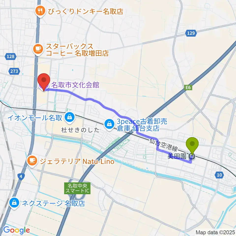 美田園駅から名取市文化会館へのルートマップ地図