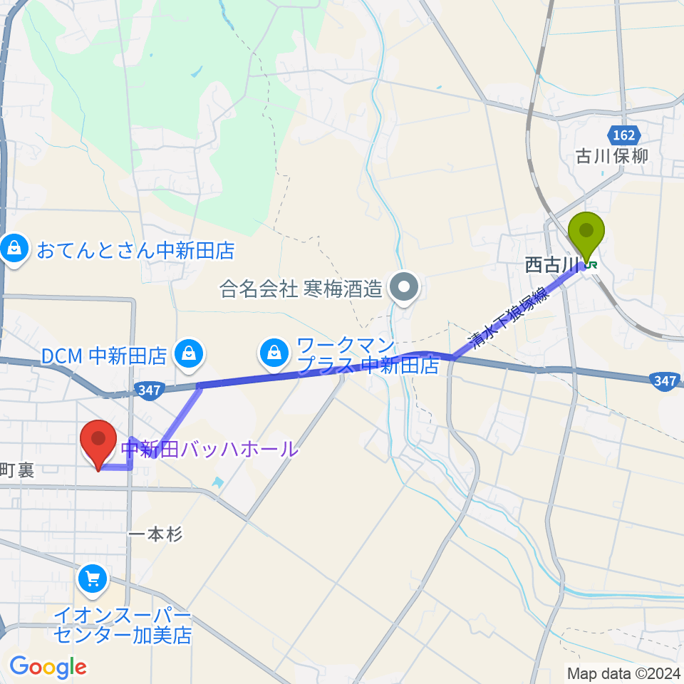 中新田バッハホールの最寄駅西古川駅からの徒歩ルート（約46分）地図