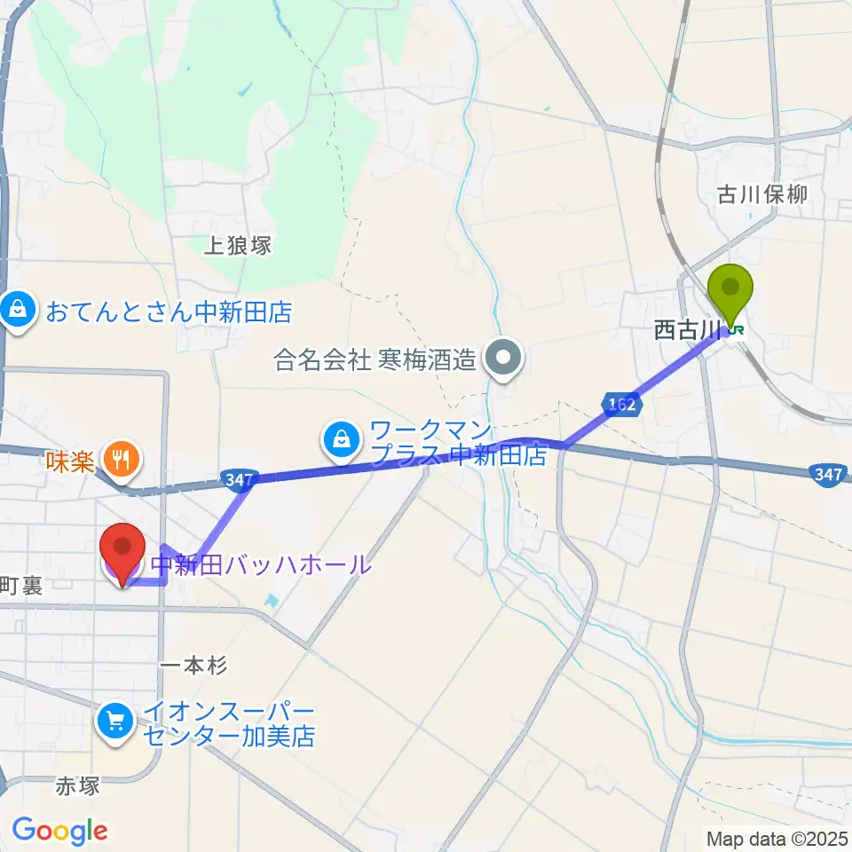 中新田バッハホールの最寄駅西古川駅からの徒歩ルート（約46分）地図