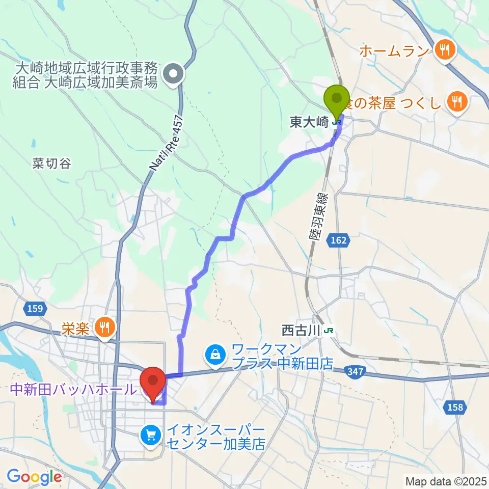 東大崎駅から中新田バッハホールへのルートマップ地図