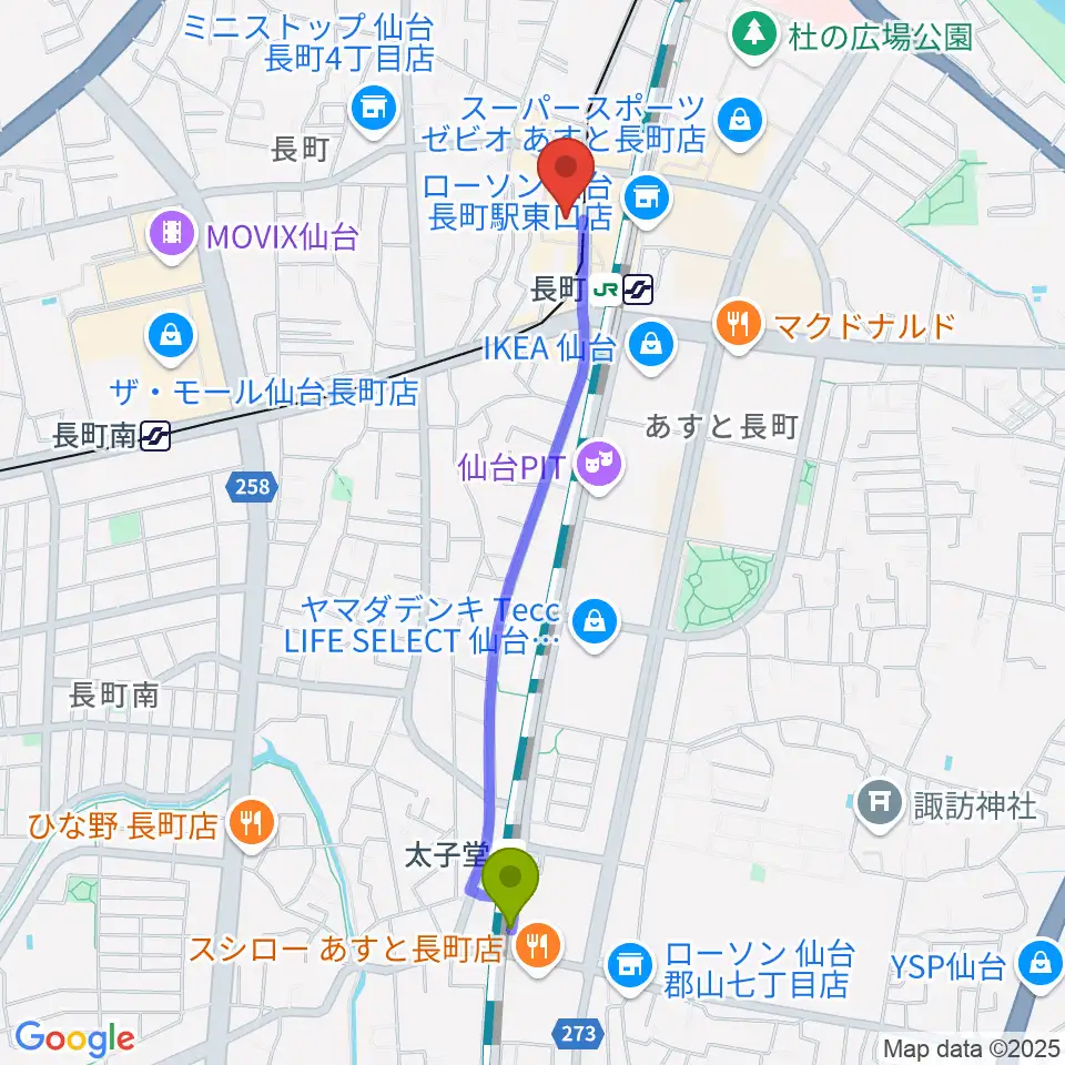 太子堂駅から太白区文化センター 楽楽楽ホールへのルートマップ地図