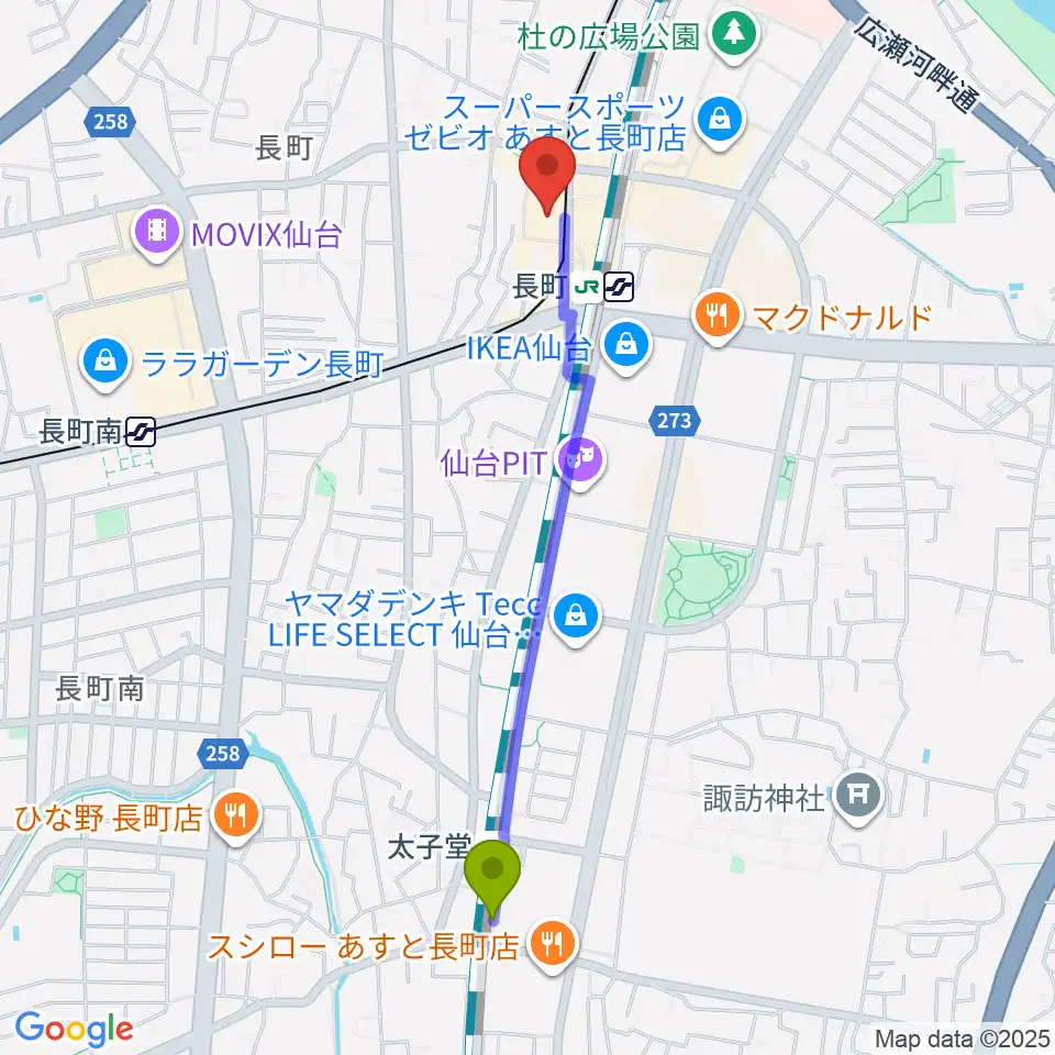 太子堂駅から太白区文化センター 楽楽楽ホールへのルートマップ地図