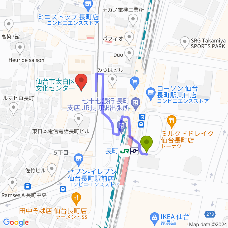 太白区文化センター 楽楽楽ホールの最寄駅長町駅からの徒歩ルート（約3分）地図
