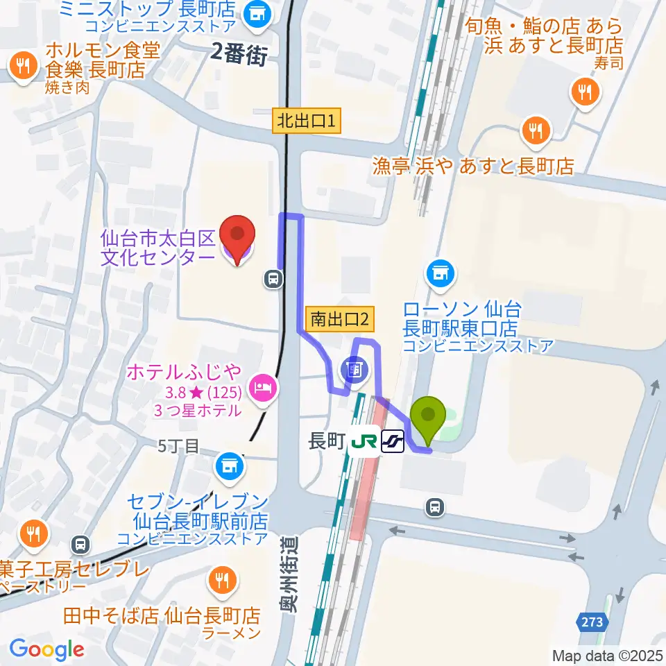 太白区文化センター 楽楽楽ホールの最寄駅長町駅からの徒歩ルート（約3分）地図