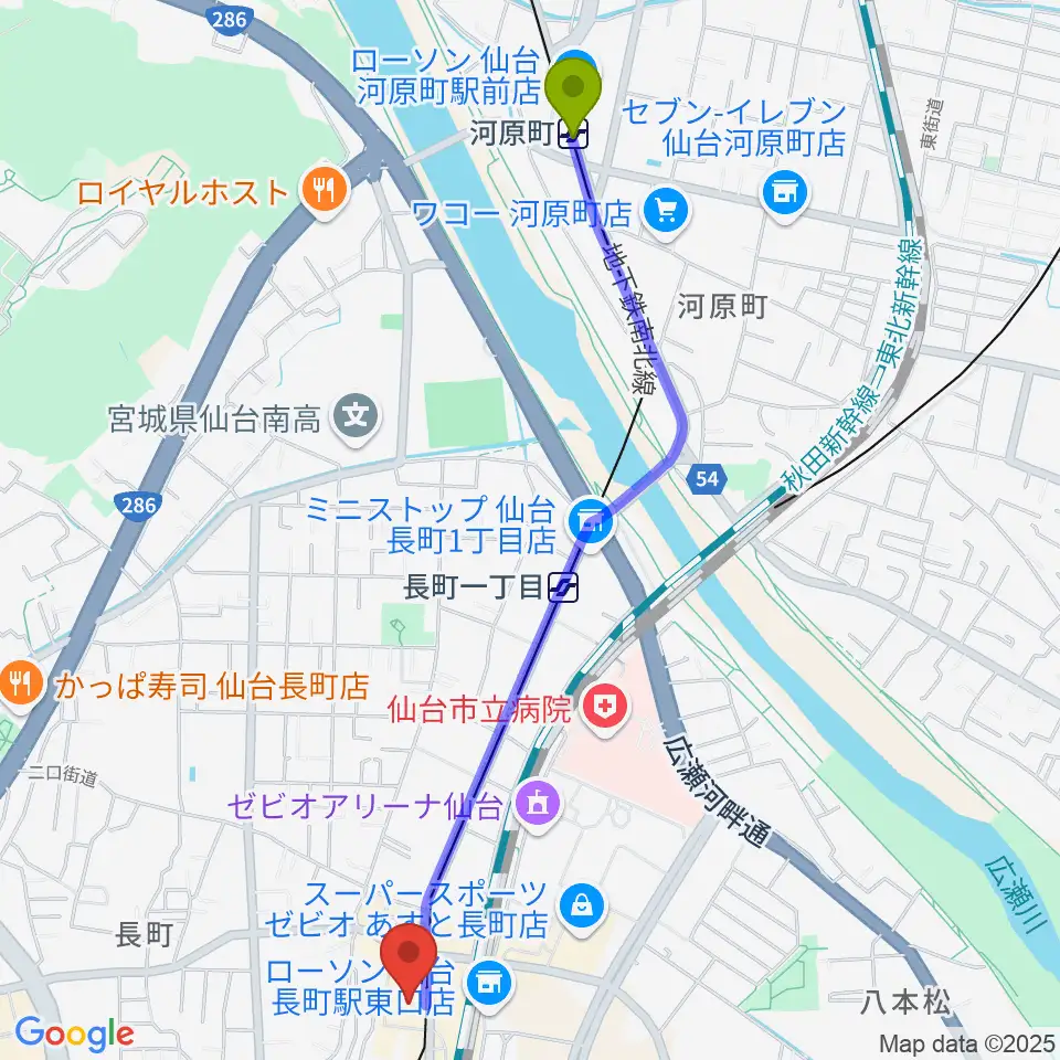河原町駅から太白区文化センター 楽楽楽ホールへのルートマップ地図