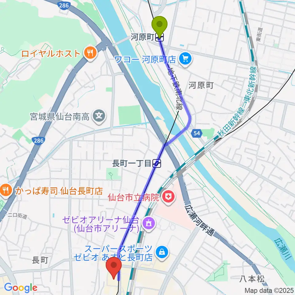 河原町駅から太白区文化センター 楽楽楽ホールへのルートマップ地図