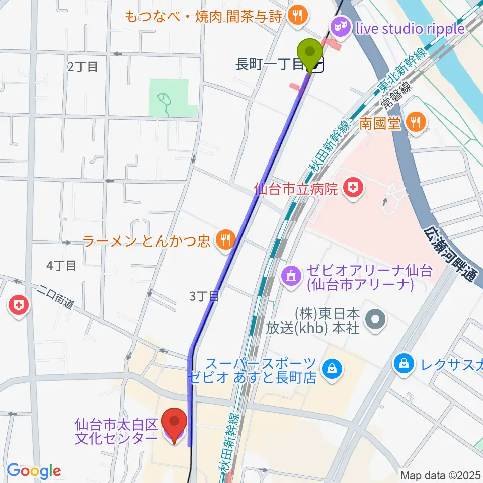 長町一丁目駅から太白区文化センター 楽楽楽ホールへのルートマップ地図