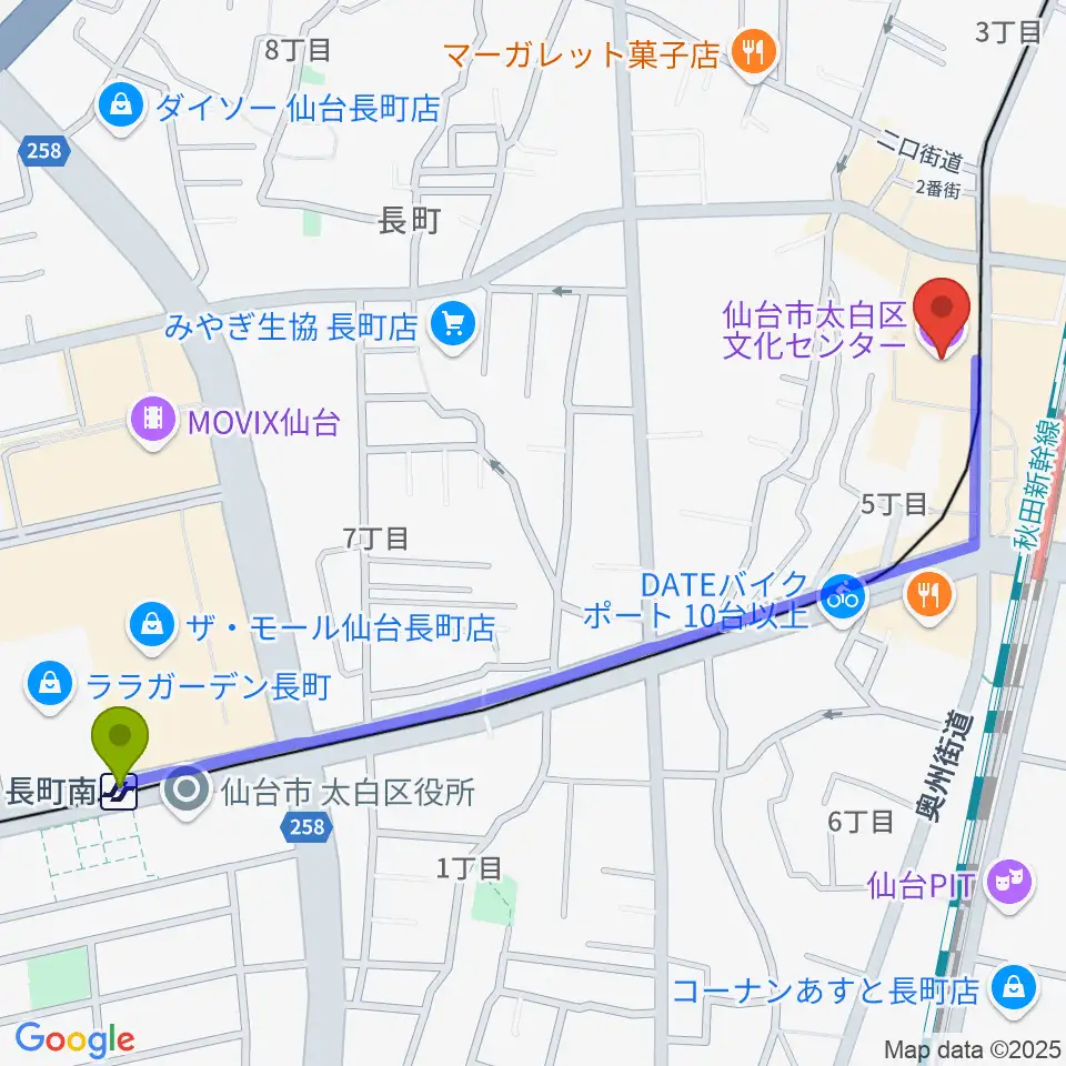長町南駅から太白区文化センター 楽楽楽ホールへのルートマップ地図