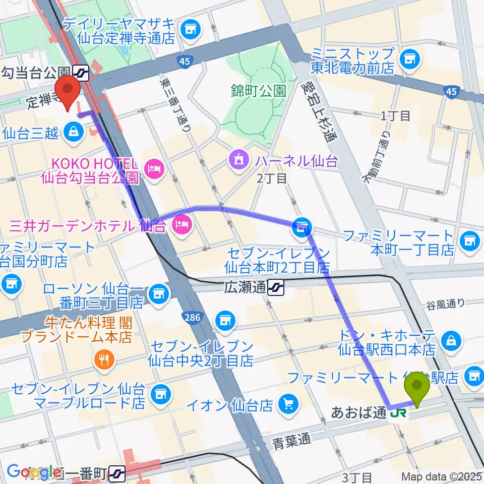 あおば通駅からエル・パーク仙台へのルートマップ地図