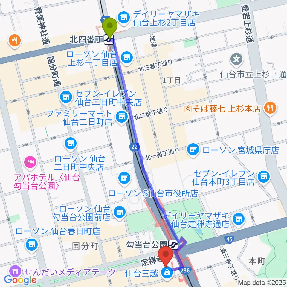 北四番丁駅からエル・パーク仙台へのルートマップ地図