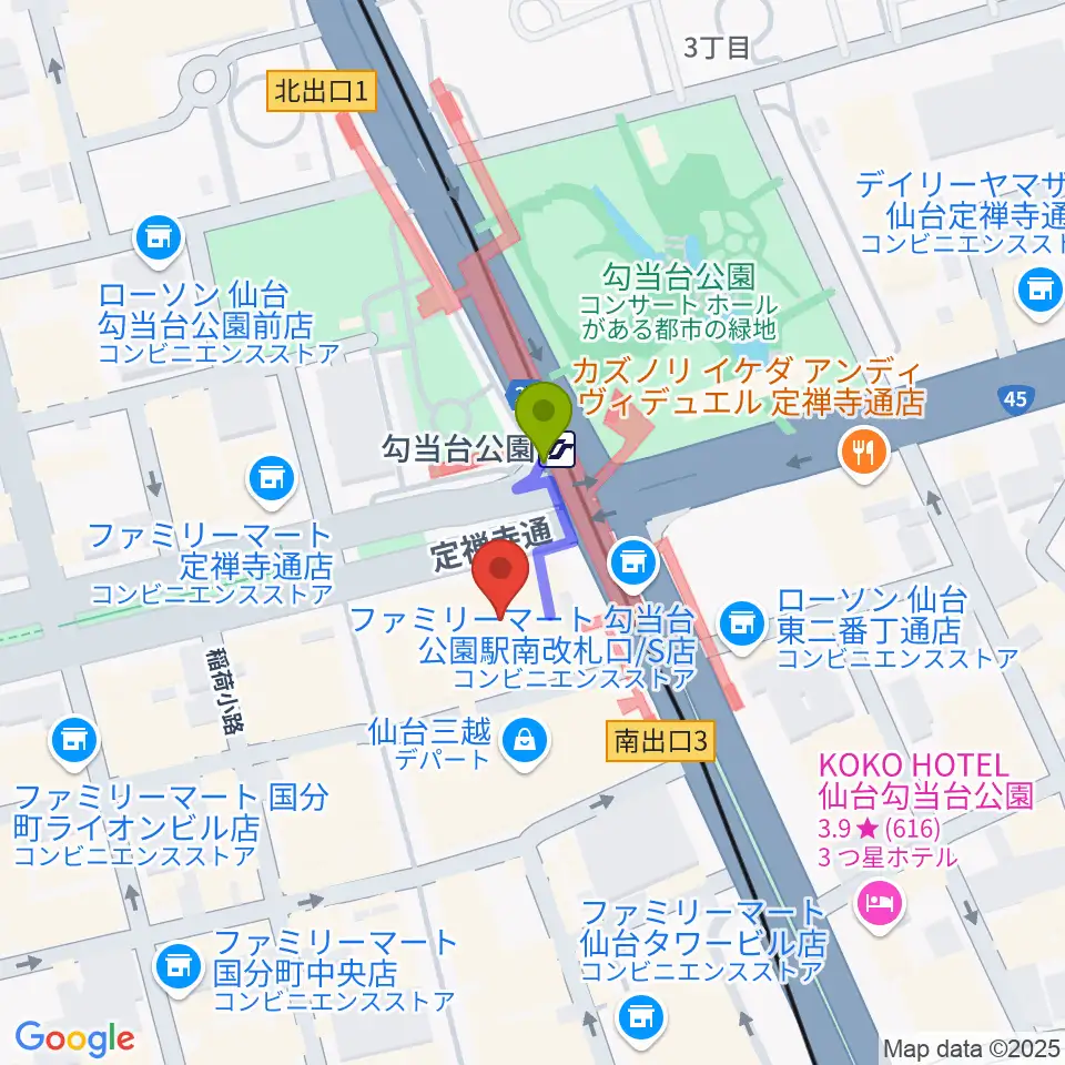 エル・パーク仙台の最寄駅勾当台公園駅からの徒歩ルート（約1分）地図