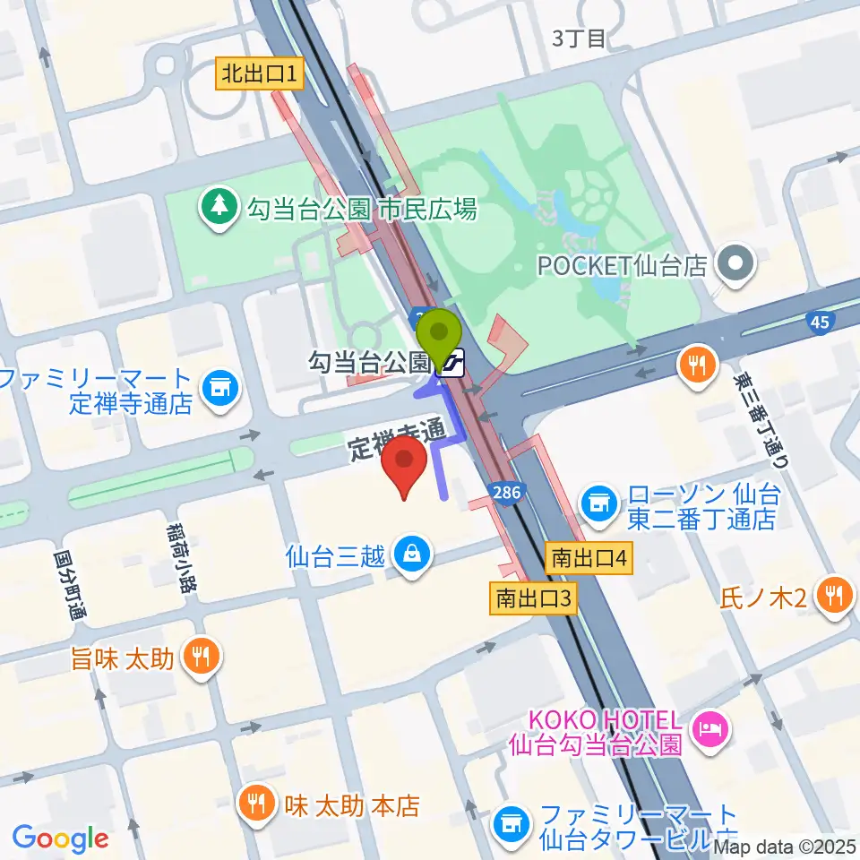 エル・パーク仙台の最寄駅勾当台公園駅からの徒歩ルート（約1分）地図