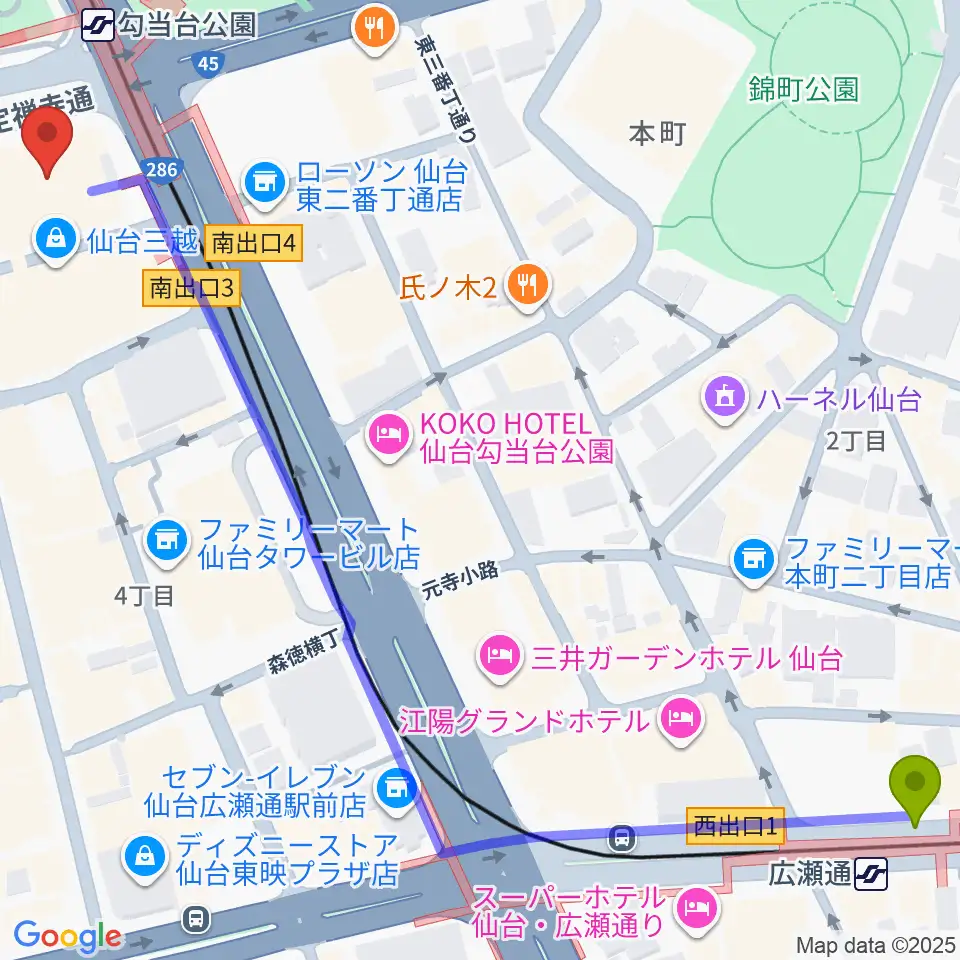 広瀬通駅からエル・パーク仙台へのルートマップ地図