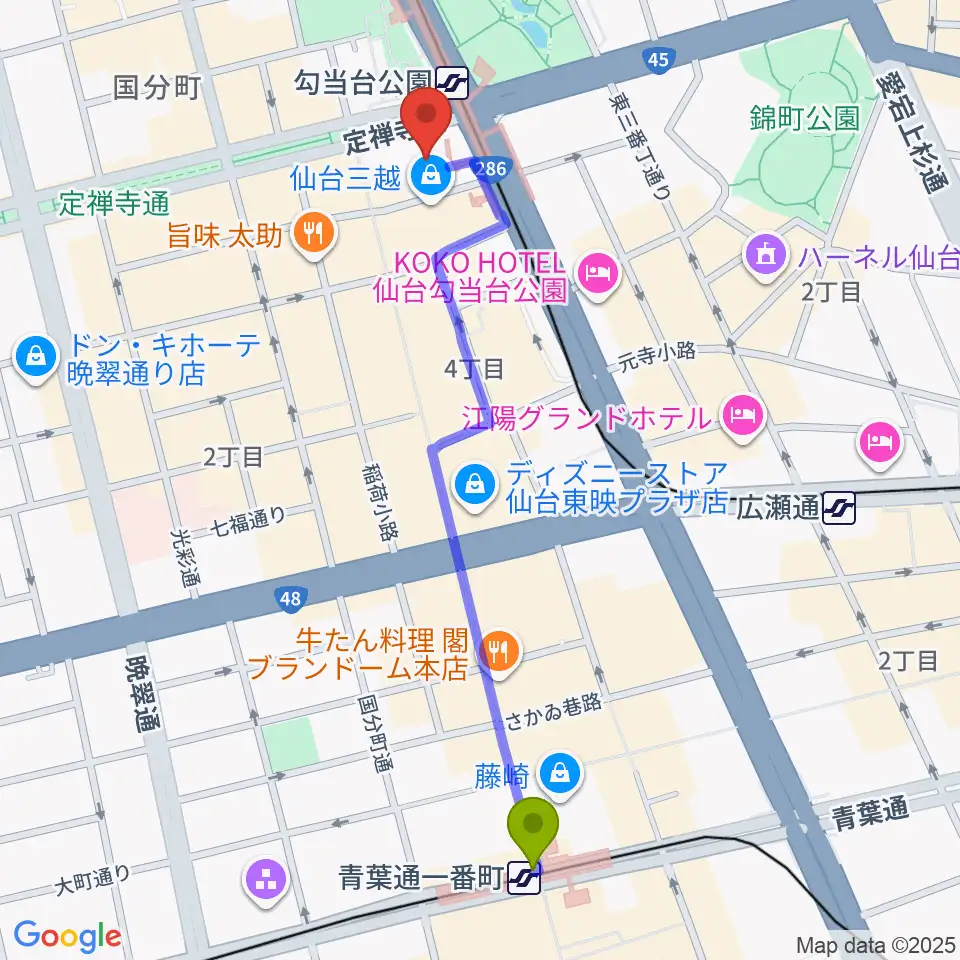 青葉通一番町駅からエル・パーク仙台へのルートマップ地図