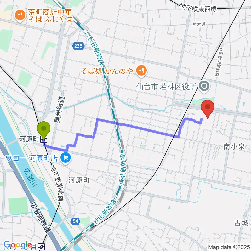 河原町駅から若林区文化センターへのルートマップ地図