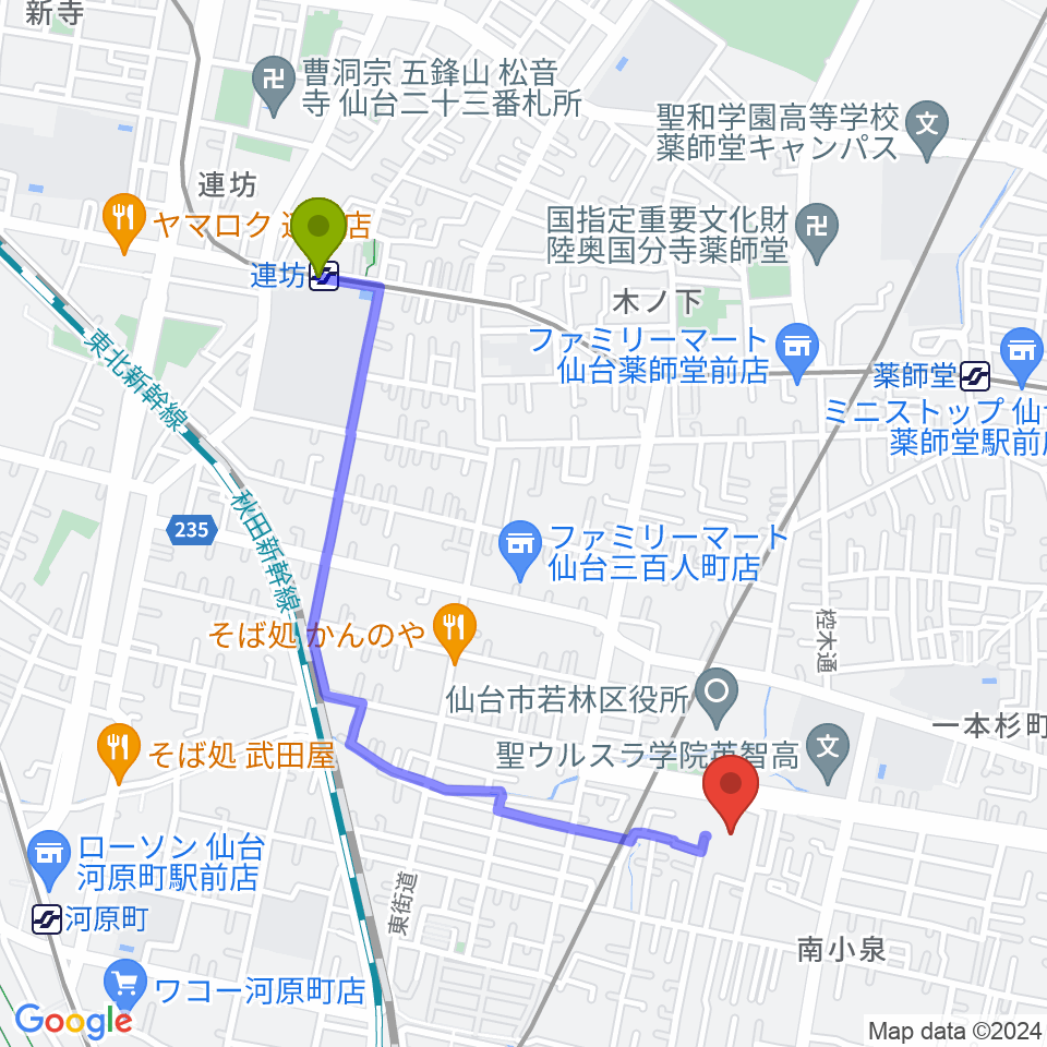 連坊駅から若林区文化センターへのルートマップ地図