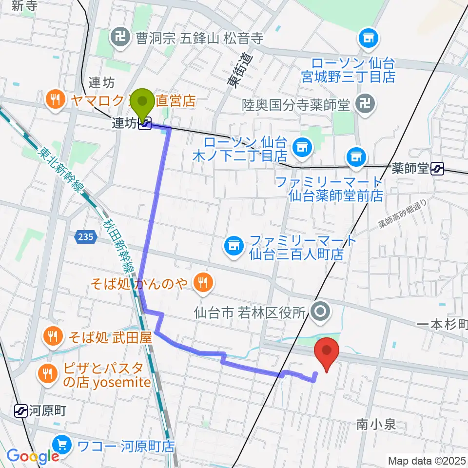 連坊駅から若林区文化センターへのルートマップ地図