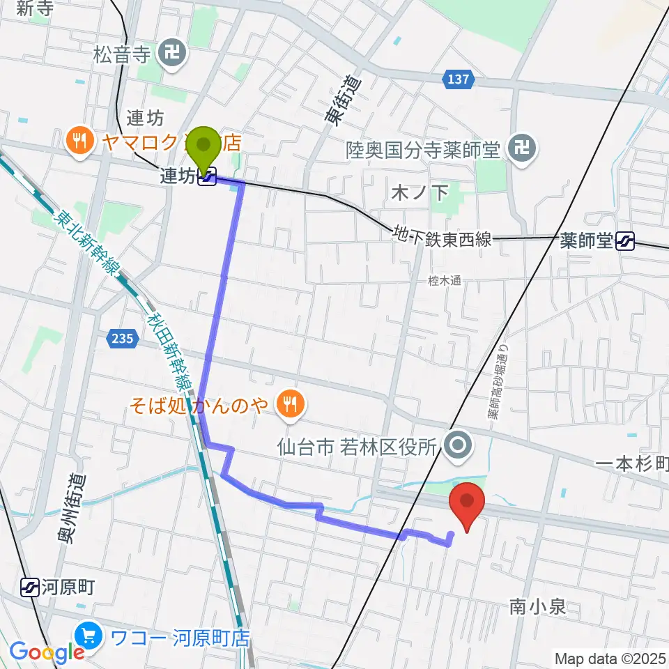 連坊駅から若林区文化センターへのルートマップ地図
