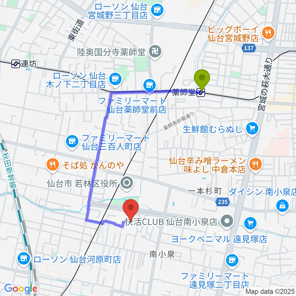 若林区文化センターの最寄駅薬師堂駅からの徒歩ルート（約15分）地図