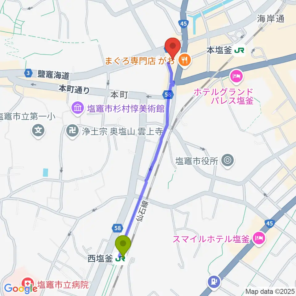 西塩釜駅から塩竈市民交流センター遊ホールへのルートマップ地図