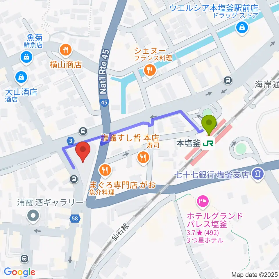 塩竈市民交流センター遊ホールの最寄駅本塩釜駅からの徒歩ルート（約3分）地図