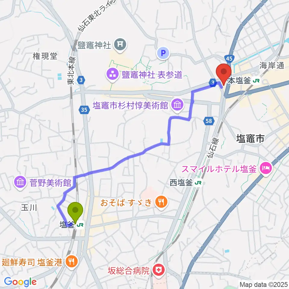 塩釜駅から塩竈市民交流センター遊ホールへのルートマップ地図