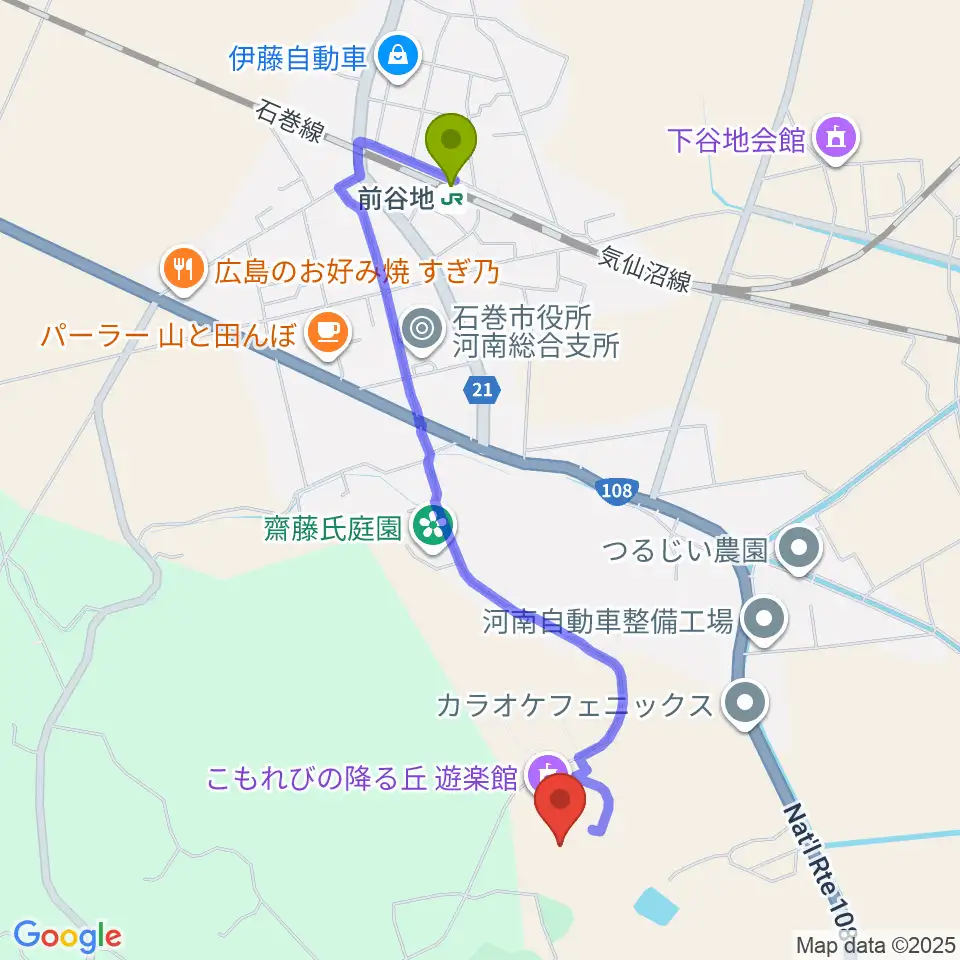 こもれびの降る丘 遊楽館の最寄駅前谷地駅からの徒歩ルート（約21分）地図