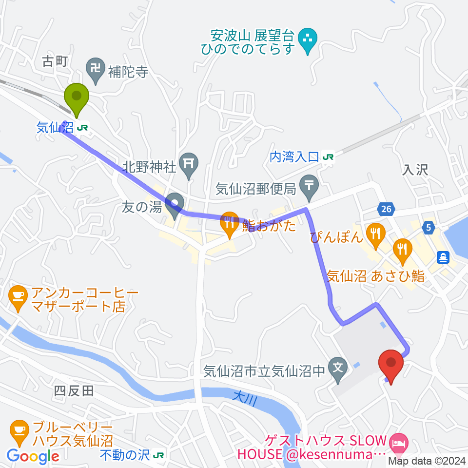 気仙沼市民会館の最寄駅気仙沼駅からの徒歩ルート（約26分）地図
