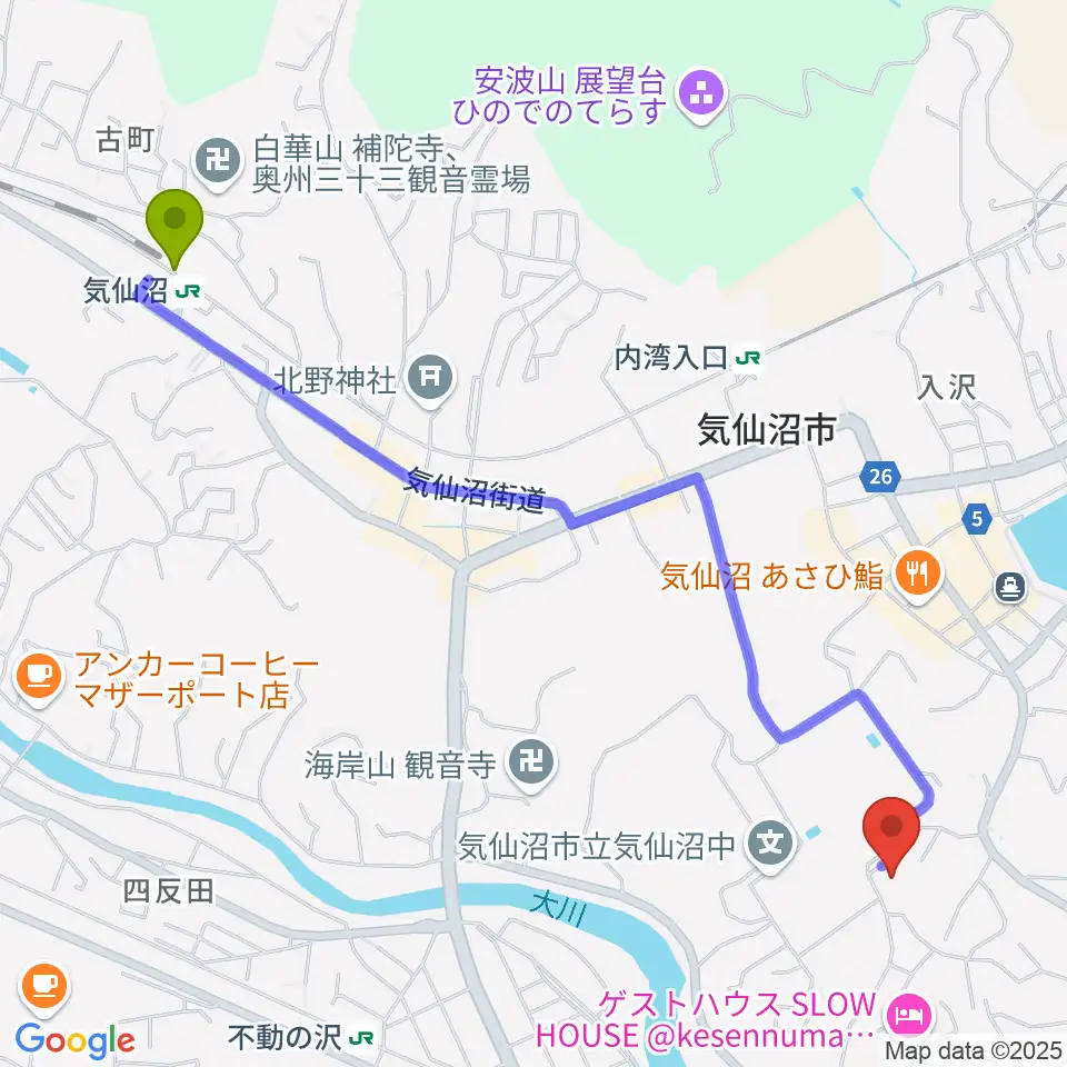 気仙沼市民会館の最寄駅気仙沼駅からの徒歩ルート（約26分）地図