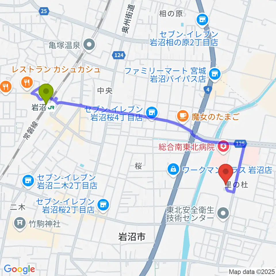 岩沼市民会館の最寄駅岩沼駅からの徒歩ルート（約21分）地図