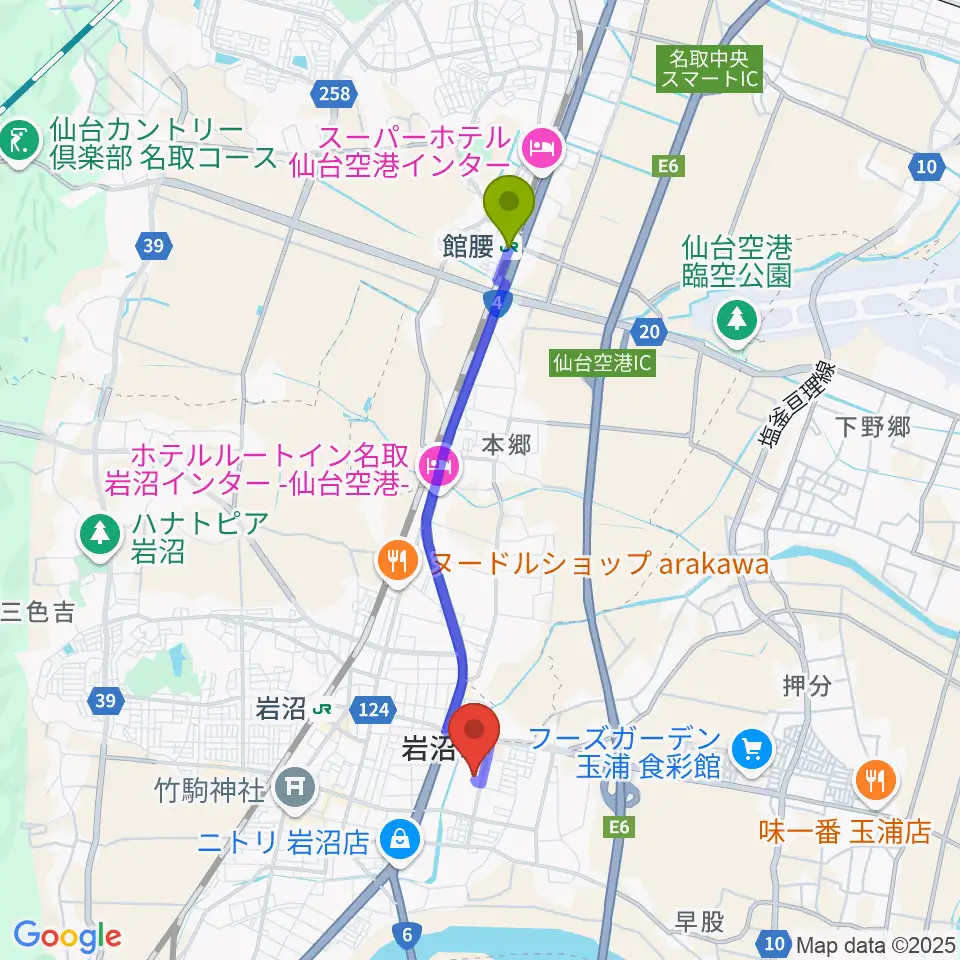 館腰駅から岩沼市民会館へのルートマップ地図