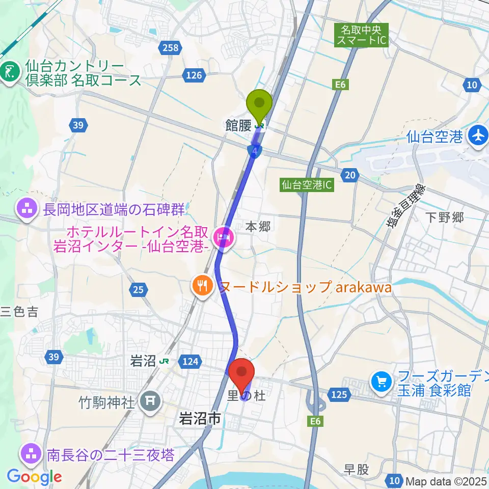 館腰駅から岩沼市民会館へのルートマップ地図