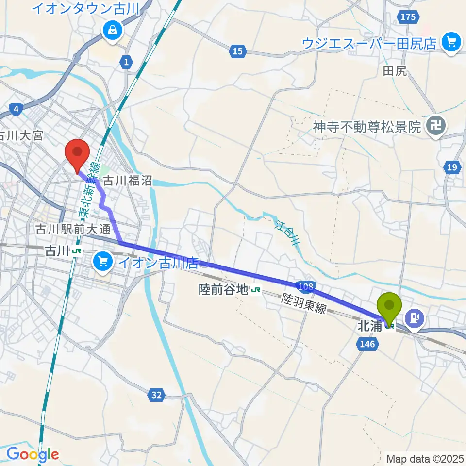 北浦駅から村田工務所 パタ崎さんHall おおさきへのルートマップ地図