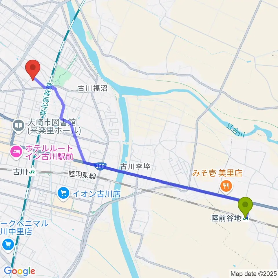 陸前谷地駅から村田工務所 パタ崎さんHall おおさきへのルートマップ地図