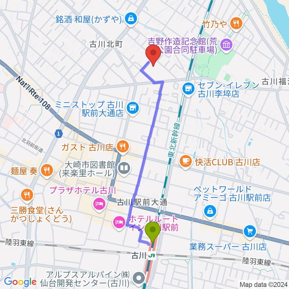 村田工務所 パタ崎さんHall おおさきの最寄駅古川駅からの徒歩ルート（約18分）地図