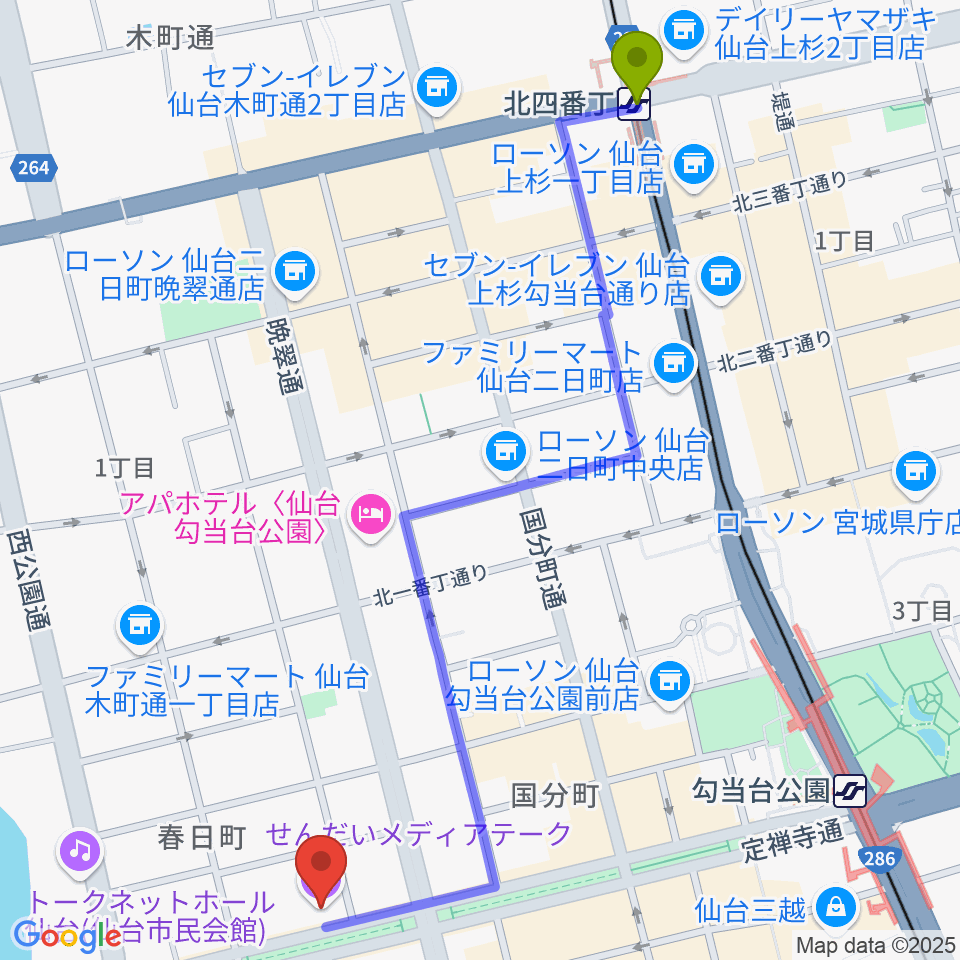 北四番丁駅からせんだいメディアテークへのルートマップ地図