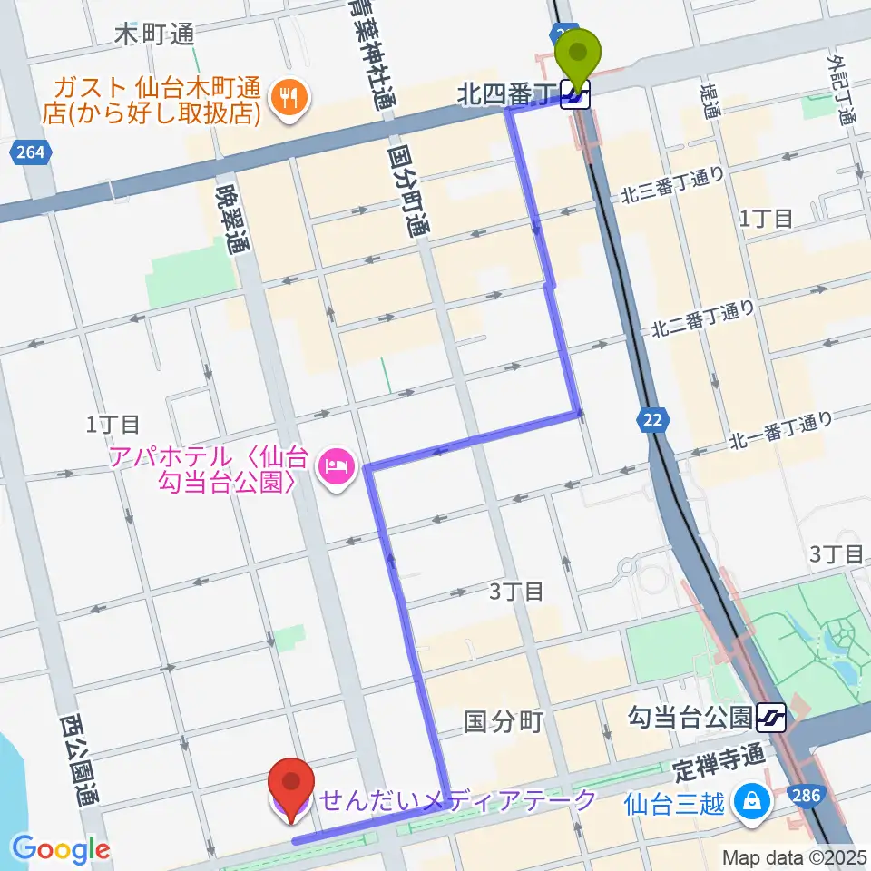 北四番丁駅からせんだいメディアテークへのルートマップ地図
