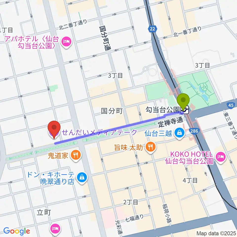 せんだいメディアテークの最寄駅勾当台公園駅からの徒歩ルート（約8分）地図