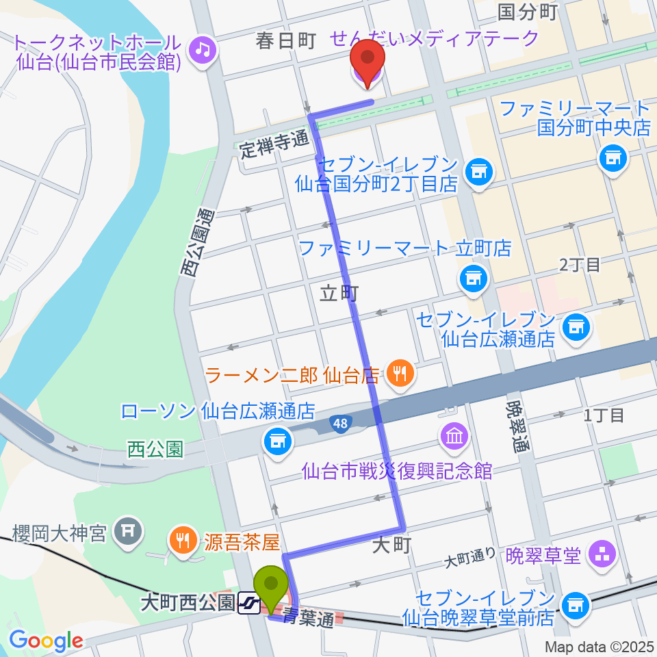大町西公園駅からせんだいメディアテークへのルートマップ地図