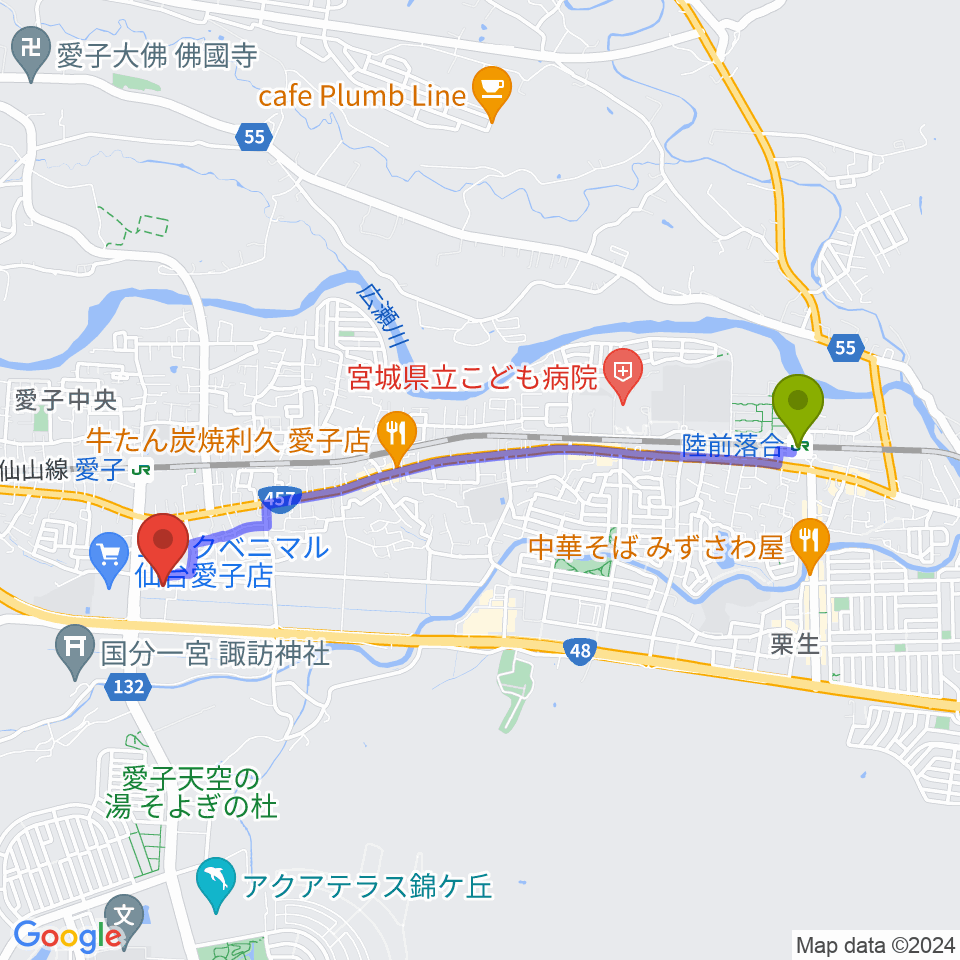 陸前落合駅から仙台市広瀬文化センターへのルートマップ地図