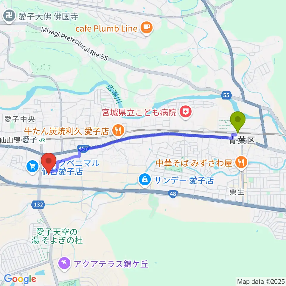 陸前落合駅から仙台市広瀬文化センターへのルートマップ地図