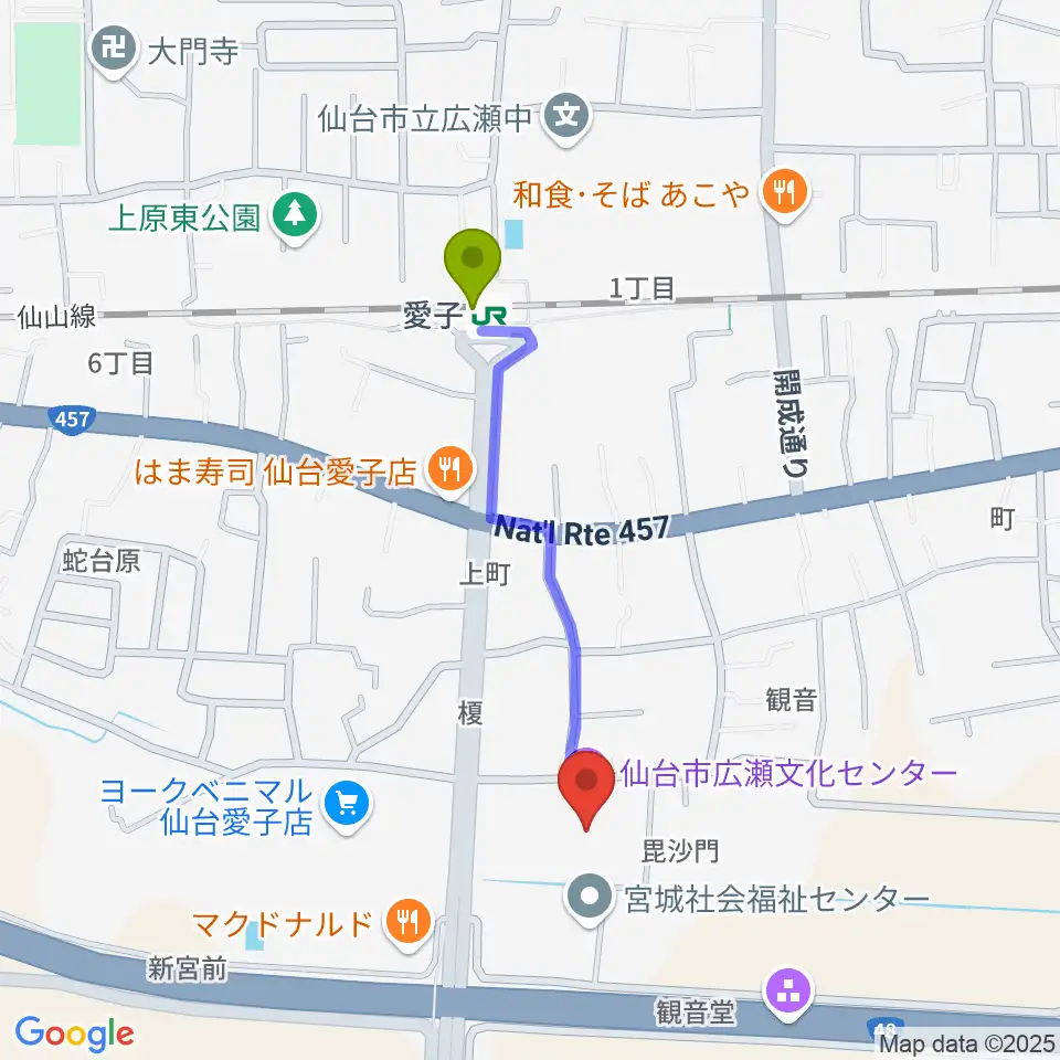 仙台市広瀬文化センターの最寄駅愛子駅からの徒歩ルート（約8分）地図