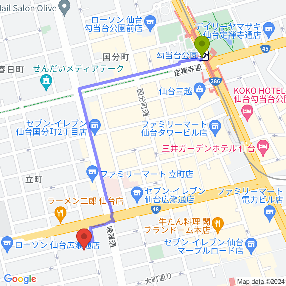 勾当台公園駅から仙台市戦災復興記念館へのルートマップ地図