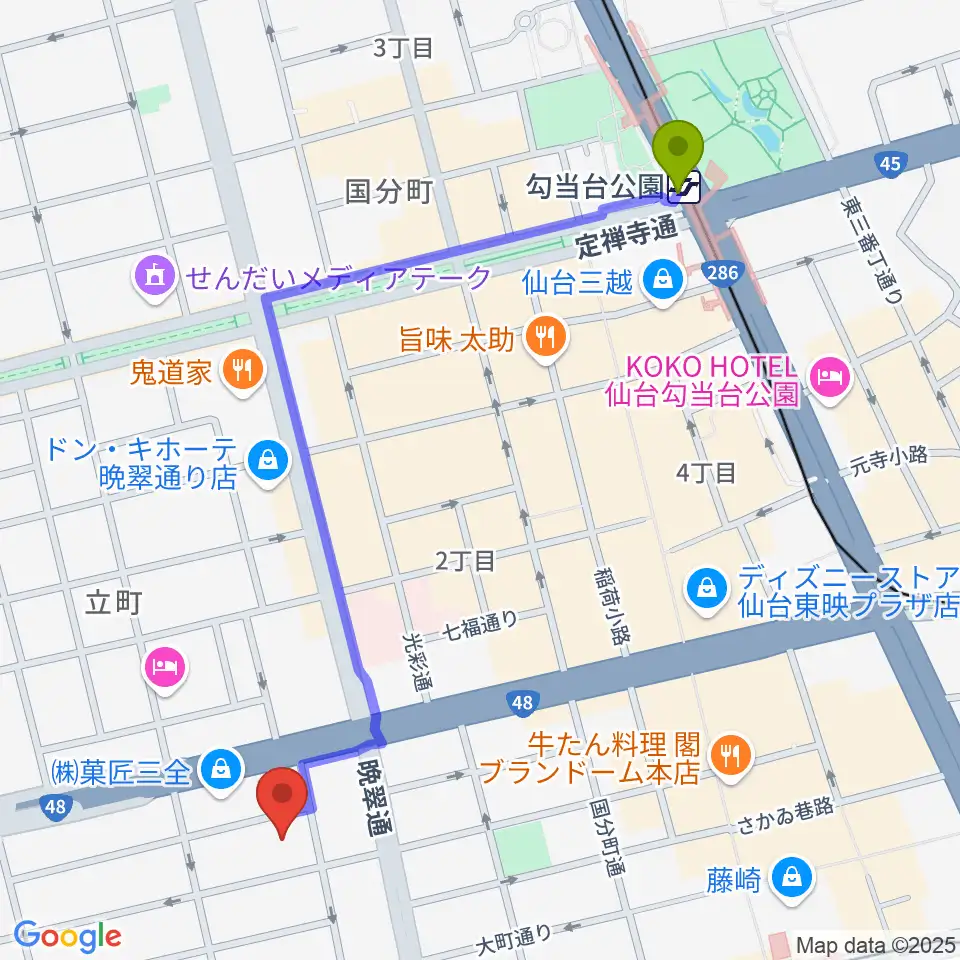 勾当台公園駅から仙台市戦災復興記念館へのルートマップ地図